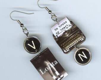 Book Cover Earrings - Lolita Vladimir Nabokov - Typewriter key jewelry - mismatched asymmetrical - readers book club librarian bookish gift