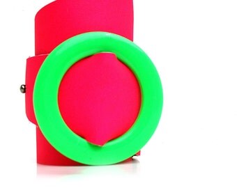 Neon Pink Leather Wrap Cuff Bracelet with Vintage Green Buckle, EcoFriendly, Adjustable, OOAK