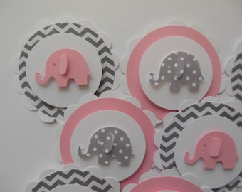 Elephant Cupcake Toppers - Pink,Gray and White - Chevron - Polka Dots - Girl Baby Shower Decorations - Girl Birthday Parties - Set of 12