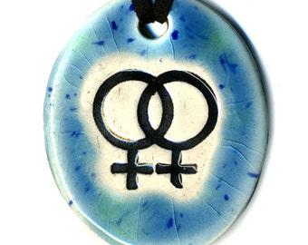 Gay Pride Symbol Ceramic Necklace in Blue Green