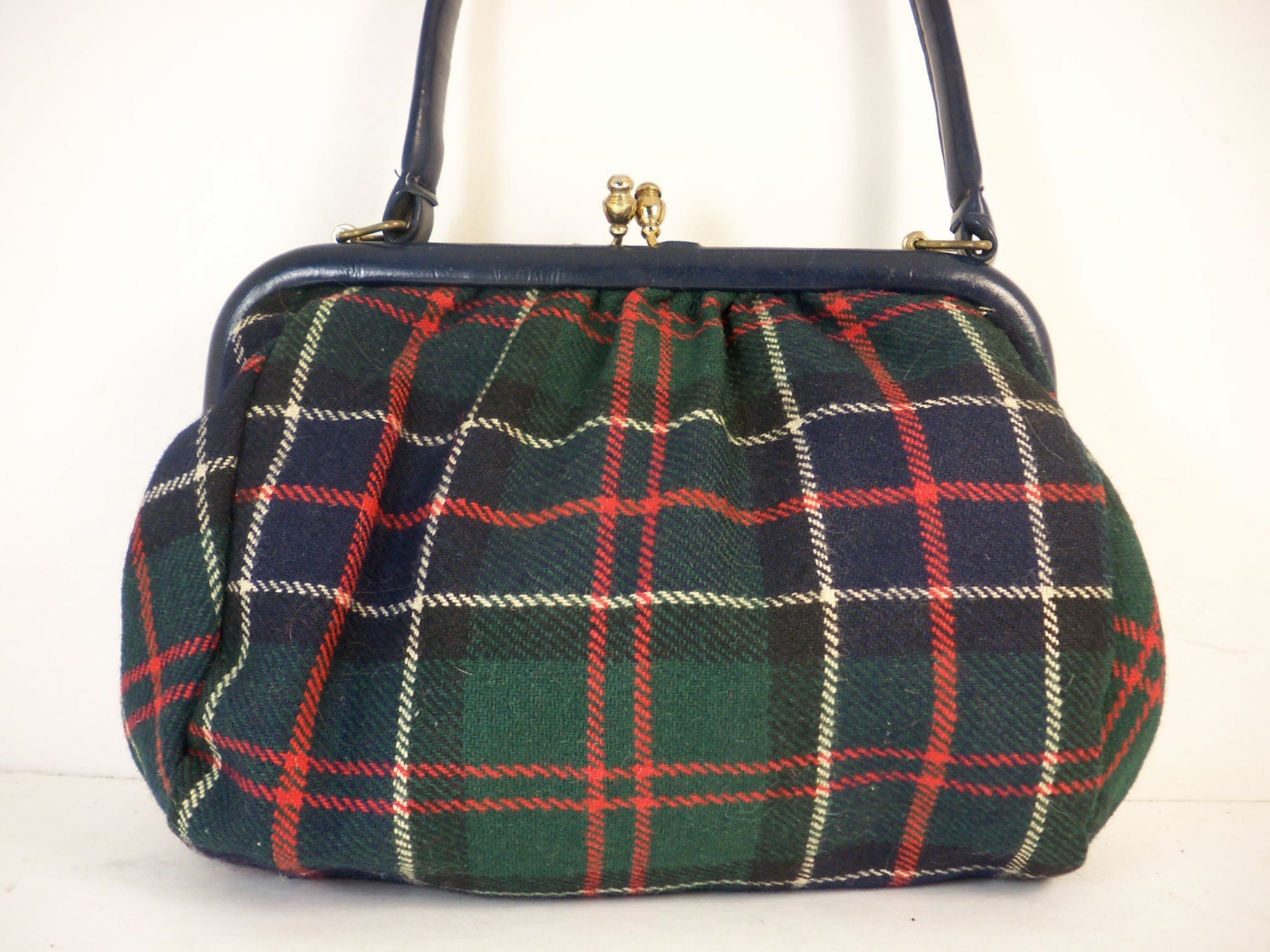Vintage wool plaid purse / 60s handbag tartan Mod / Blue green