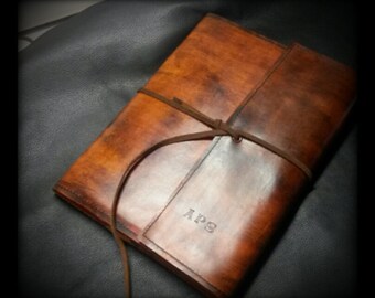 Large Brown Leather Book Journal Weathered Rustic Look Wrap End Free Custom Stamping