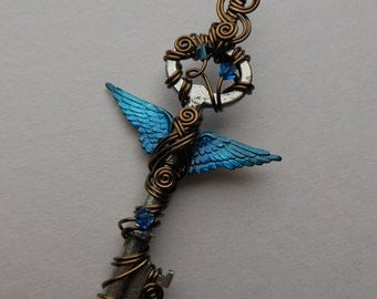 Winged Key Pendant -- Blue Inked Feathered Winged Wire Wrapped Antique Key with Swarovski Crystals -- Blue Angel Key