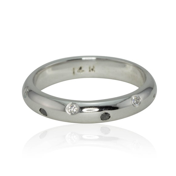 14k White Gold Wedding Band for Her with Bezel Set Black and White ...