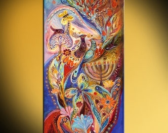 Jewish art original painting "Hanukkah in Magic Garden" with Kabbalah symbols, Hebrew words and traditional Judaica attributes Art of Israel