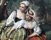 Antique Engraving Hand Colored French Peasant Girls A.H. Payne 1800s Portrait Small Original Print Folk Costumes Vintage Art Woodland Scene