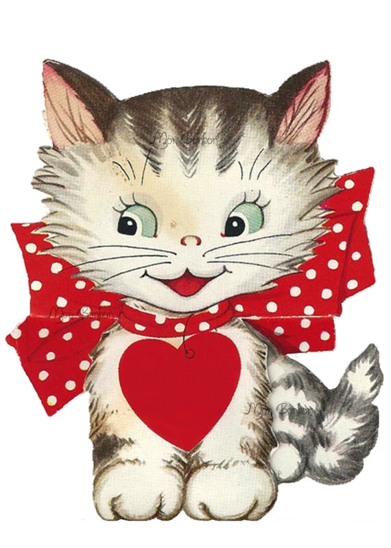 Vintage Retro Valentine Kitty Clip Art Image Transfer .PnG