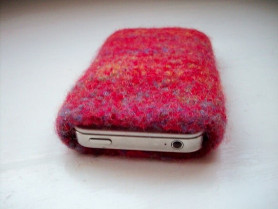 cell phone cozy, stocking filler, fun, felted, red, unisex