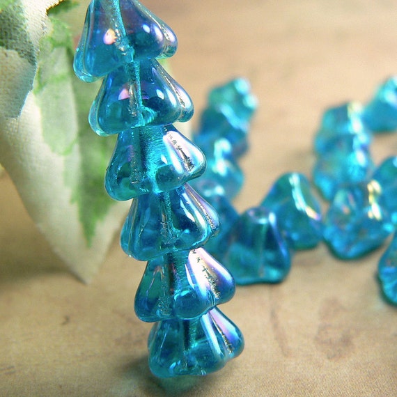 Teal Iris Czech Glass Bell Flower Beads Luster by