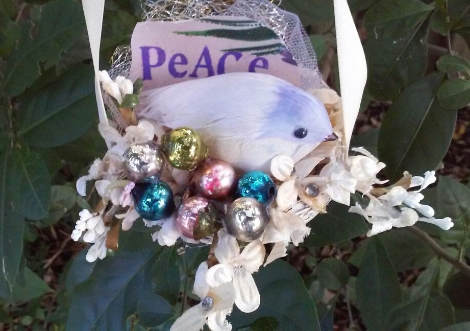 PEACE Bird Nest Hanging Christmas Ornament Decoration with Recycled Vintage Goodies