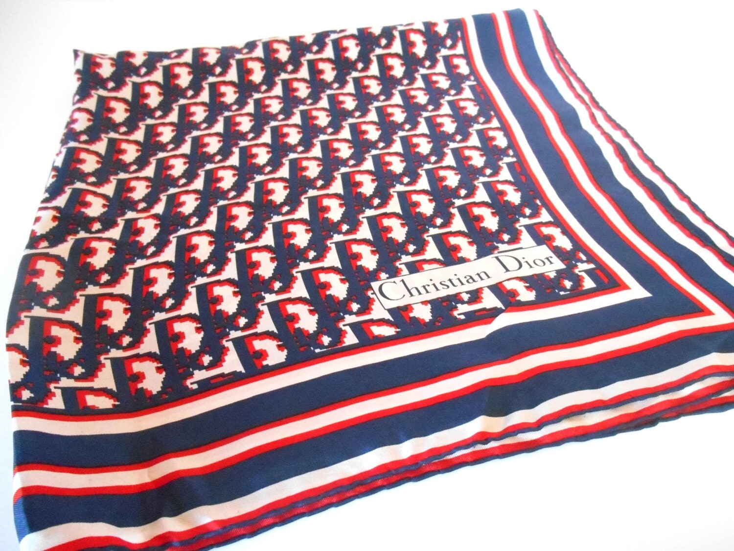 Christian Dior Navy and Red Vintage SIlk Scarf Haute Juice