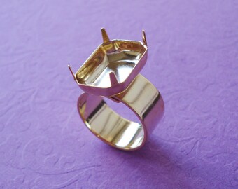 Gold Plated Adjustable Ring with 10mm Plain Band with 18x13mm Octagon Setting For Rhinestone Jewels or Cabs (1 piece)