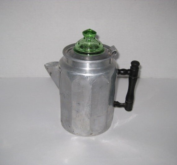 Vintage Aluminum Coffee Pot With Green Depression Glass