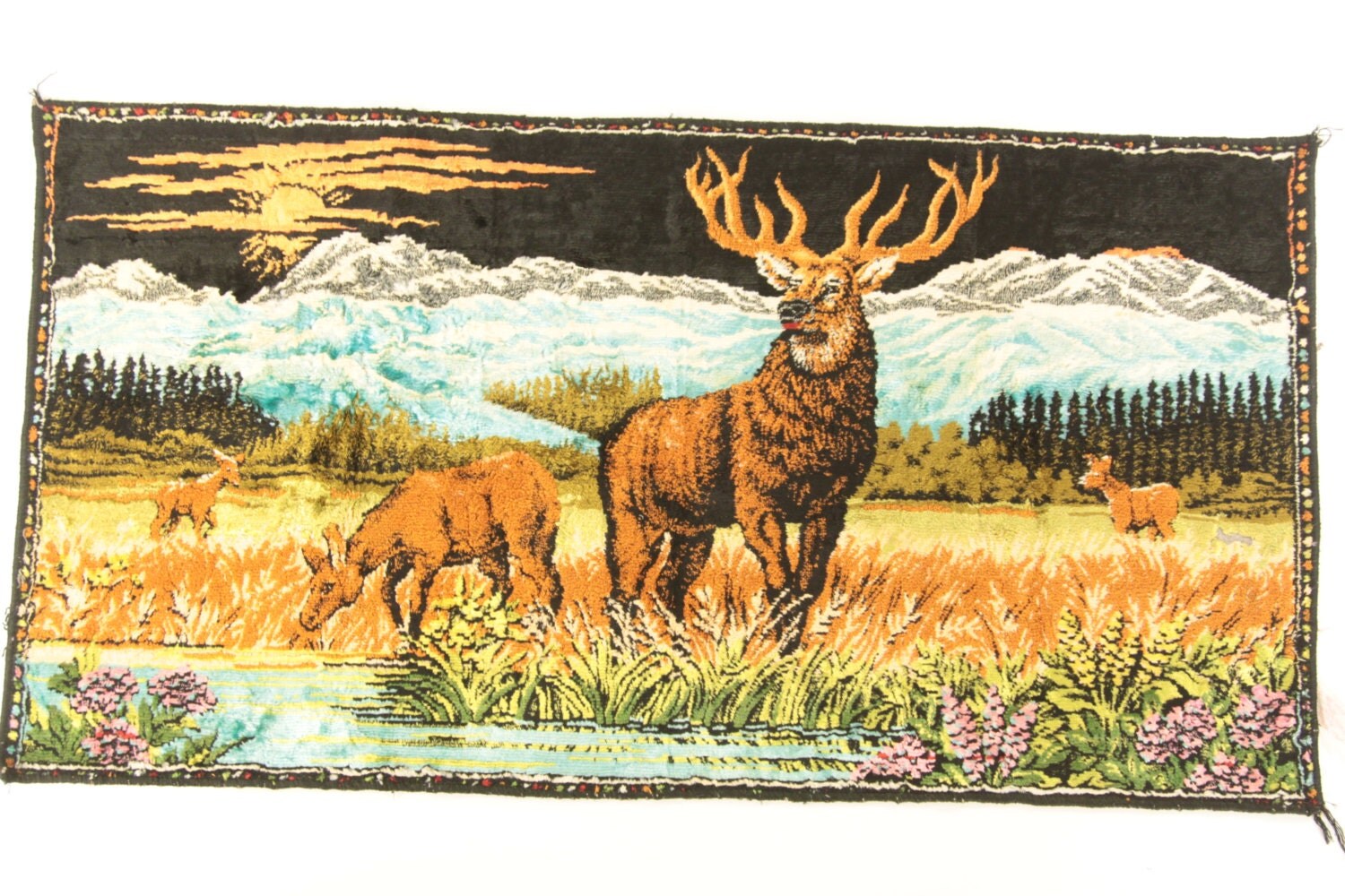 Vintage Velvet Elk Deer Rug Wall Hanging by FoundYesterdaygoods