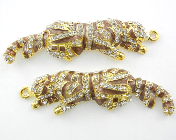 Tiger Charms in Gold-tone Brown and Rhinestone Accented Bending Tail Pair