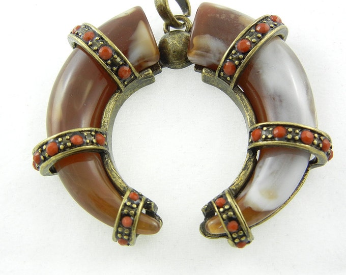 Brown Acrylic Horns Primitive Pendant Burnished Gold-tone and Cabochons