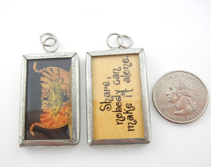 One Two-sided Pendant with Cats with Fish Illustration and Message