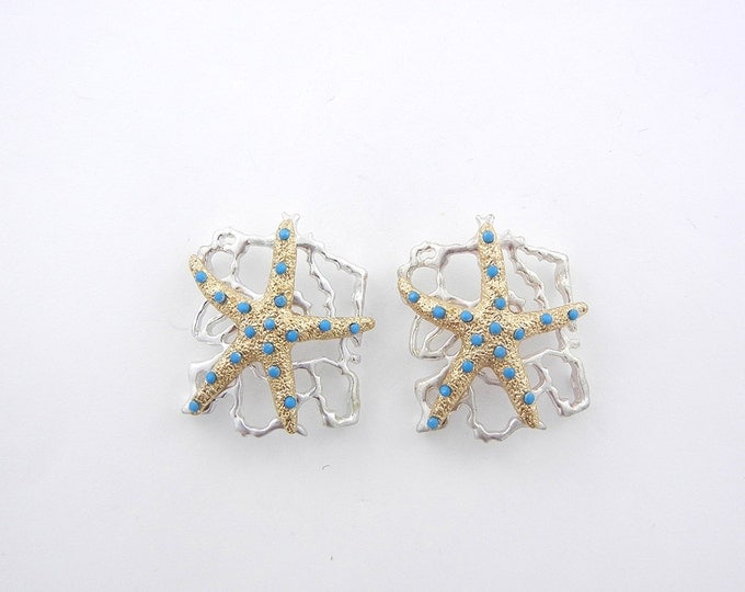 Pair of Two-tone Marine Starfish Slide Charms with Tiny Acrylic Turquoise Cabochons