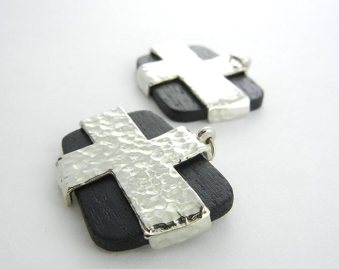 Pair of Black Wood and Hammered Silver-tone Tribal Charms