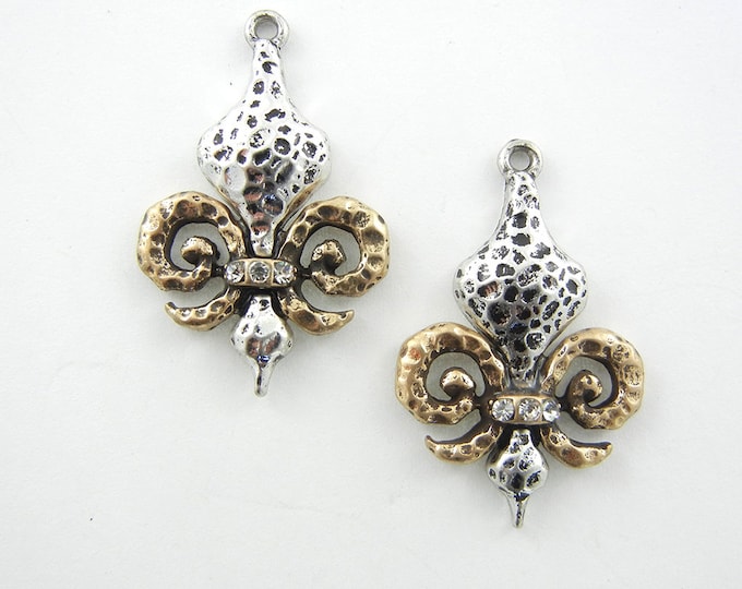 Pair of Two-toned Hammered Fleur de Lis Charms Row of Rhinestone Accent