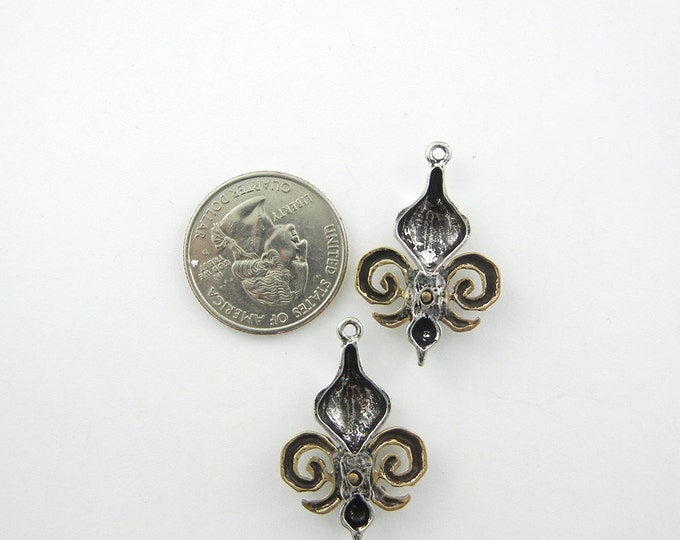 Pair of Two-toned Hammered Fleur de Lis Charms Row of Rhinestone Accent