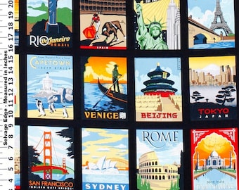 World Travel Post Cards Fabric By The Yard