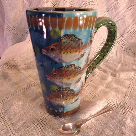 Tall Latte Ceramic Painted Fish Mug