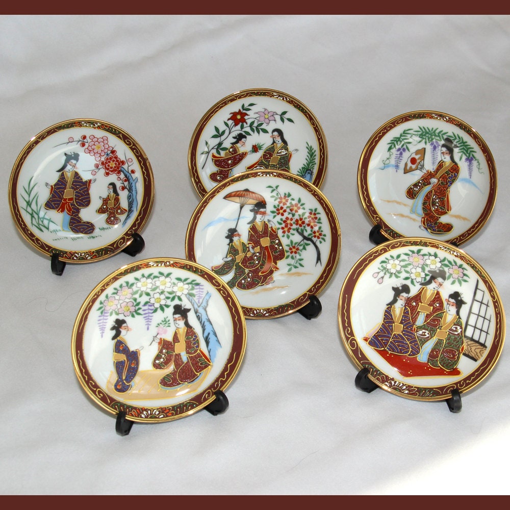 6 Small Plates Dishes Geisha Hand Painted Japan by Preludes2Art