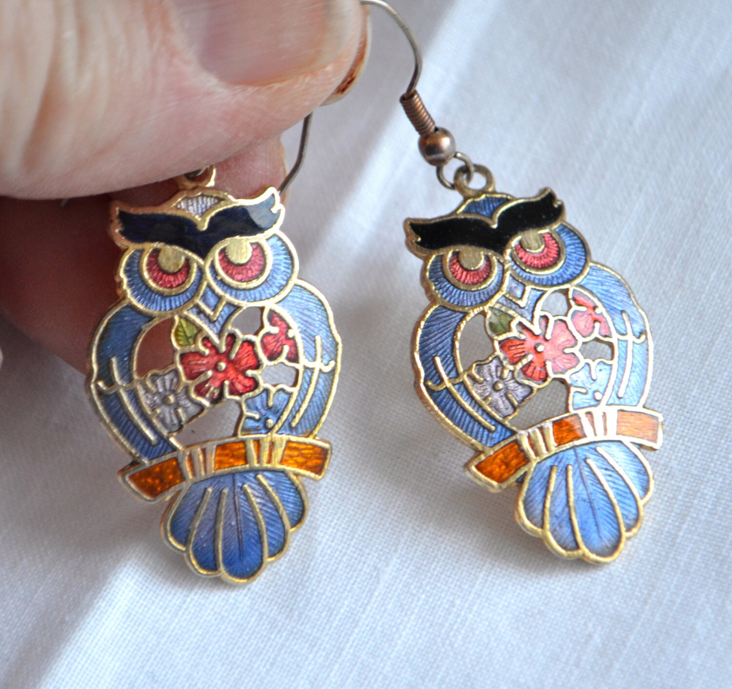 Vintage Owl Earrings Blue Red and Black Enamel on Gold Tone Haute Juice