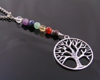 Tree of Life Necklace, Faceted Chakra Gemstones, Y Necklace, Chakra Jewelry, Chakra Necklace, Tree Necklace, Inspirational Necklace, N1476