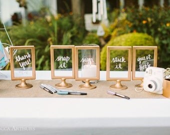 Individual IKEA plastic DOUBLE SIDED table frame. Table numbers, photos, significant dates, menu, photo booth, instagram, wedding signage
