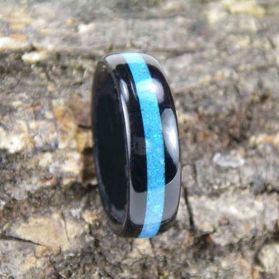 Bentwood Ring Ebony with Blue Opal Inlay