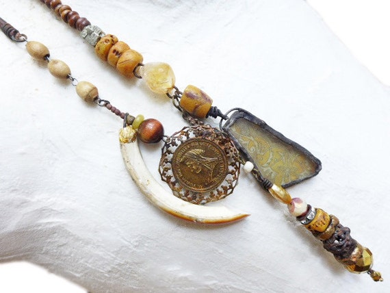 Escape. Victorian tribal double lariat assemblage necklace in shades of amber gold yellow orange brown.