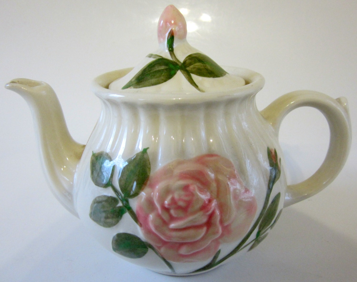 Teapot Pink Roser Quality Vintage Porcelain USA Hand Painted Embossed