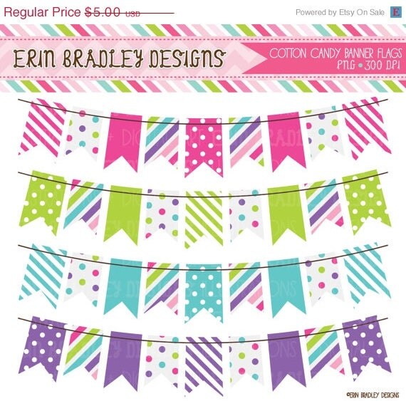 50% OFF SALE Cotton Candy Colorful Bunting Banner Flag Clipart Clip Art Set Personal & Commercial Use Il_570xn