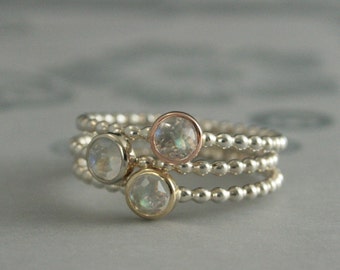 Rainbow Moonstone Stacking Rings--Moondrops--Gold Bezel Set Rose Cut Moonstones on Silver Beaded Bands--Set of ALL THREE--Stone Stacking Set