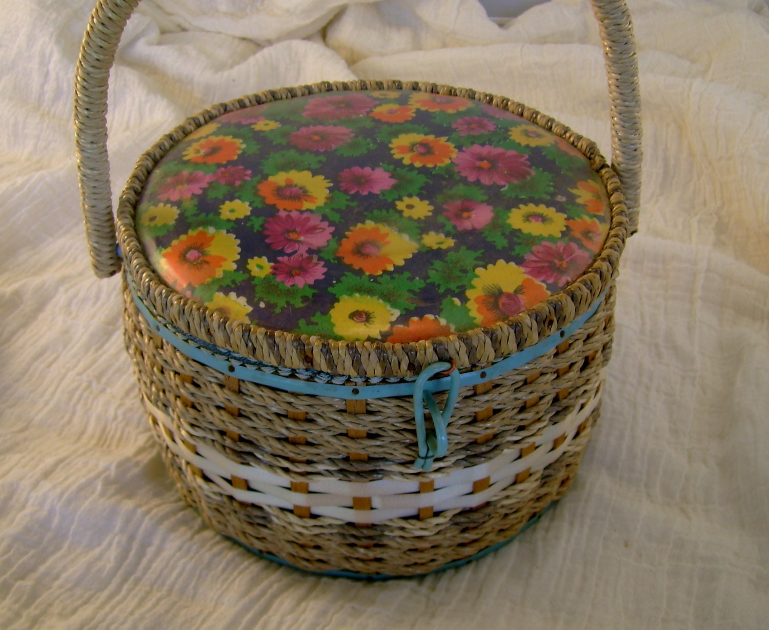 Vintage 1950s Wicker Rattan Sewing Box Basket with Floral Lid