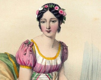 1857 Antique Chromolithograph of the Women of Napoleon's Day. Mme Regnault de Saint Jean d'Angely