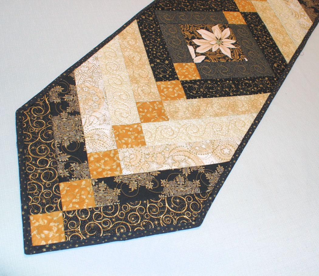 Elegant Quilted Table Runner Black and Gold by QuiltSewPieceful