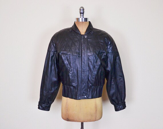 Vintage 80s 90s Black Leather Jacket Coat Quilt Leather Bomber