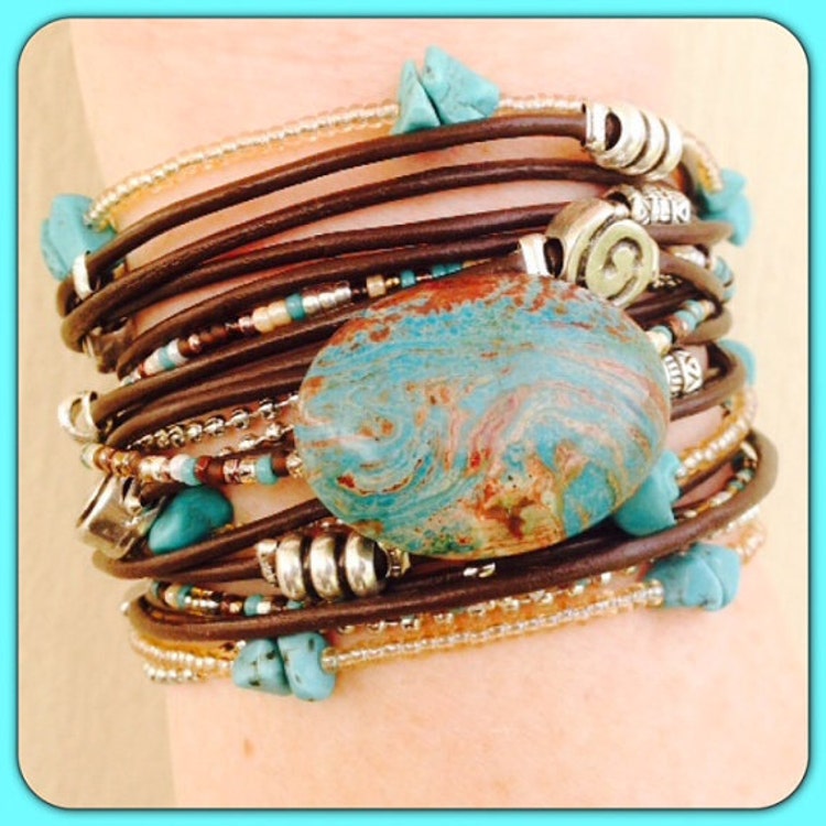 Boho Leather Wrap Bracelet Brown & Turquoise by DesignsbyNoa