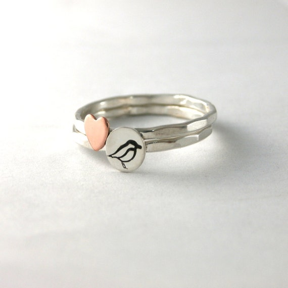 ... Rings, Sterling Silver Bird Ring, Heart Stack Ring, Silver Stack Rings
