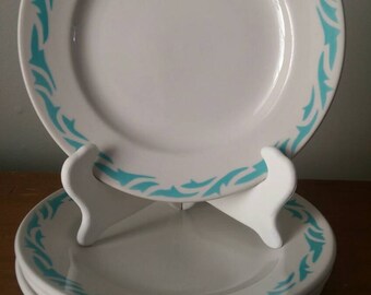 Set of 4 Vintage Vandesca Restaurant Plates Turquoise and Cream