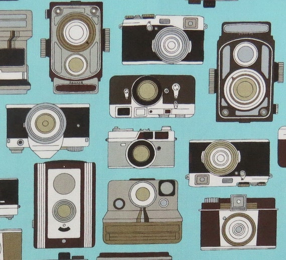 2525D Retro Cameras Fabric Black/Gray in Blue by IKOplusFabric