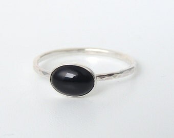 Oval Black Onyx Ring Sterling Silver Stacking Ring Jet Black Stone Ring