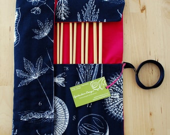 LAST ONE Roll Up Knitting Needle Case / Organizer / Holder for Straight Needles - Botanical Biology Fabric with Pomegranate Pink Lining