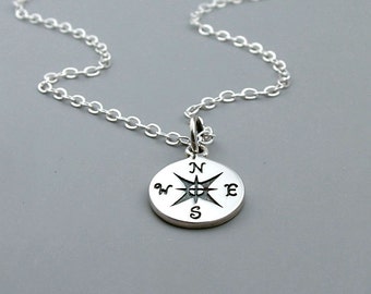 Silver Compass Necklace, Sterling, Graduation gift, Enjoy the Journey, Travel jewelry, Good Luck