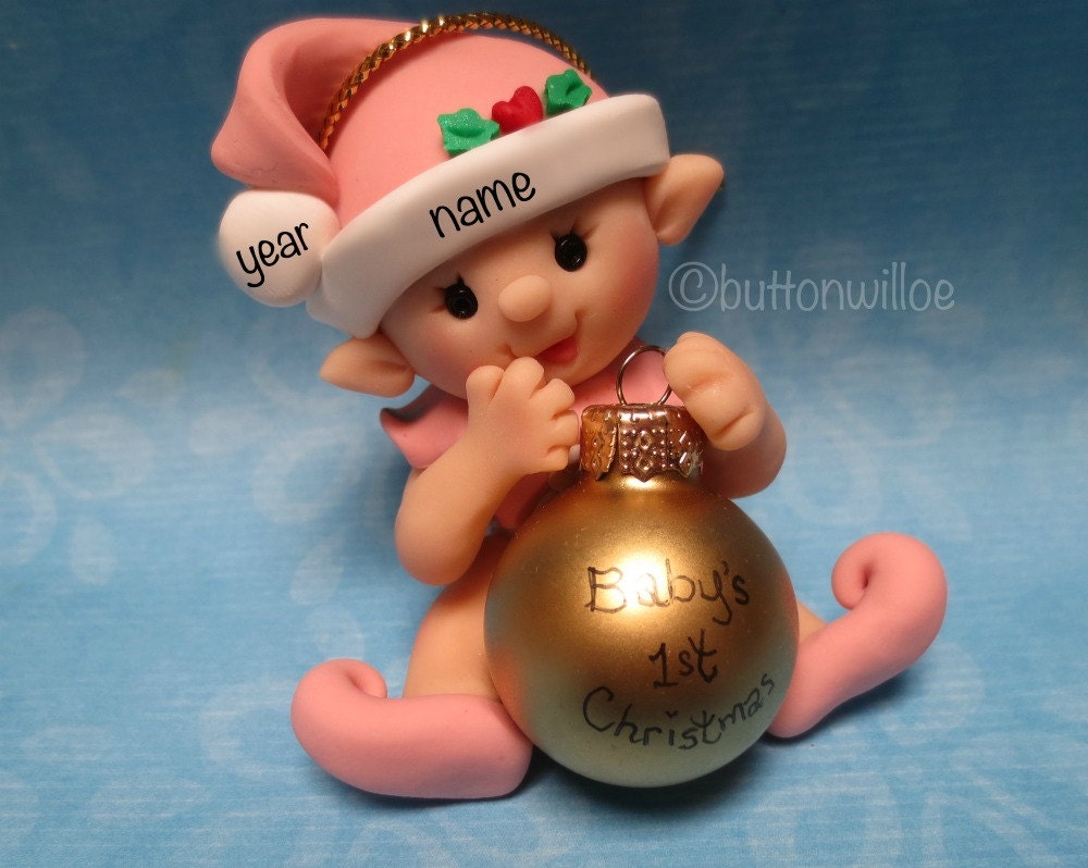 Baby's First Christmas Ornament, Personalized Baby's 1st Christmas Elf, Gnome, Fairy, Baby Girl, Light Pink