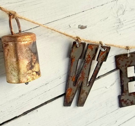 Rustic Welcome Sign Wind chime, Primitive Windchime, Rusty letters, Cowbells Shabby Metal Wind Chime, Outdoor Welcome Sign, Farmhouse Decor