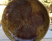 Stoneware Serving Bowl / Platter - Gold - Brown - Blue 3 Lace Doily Textured